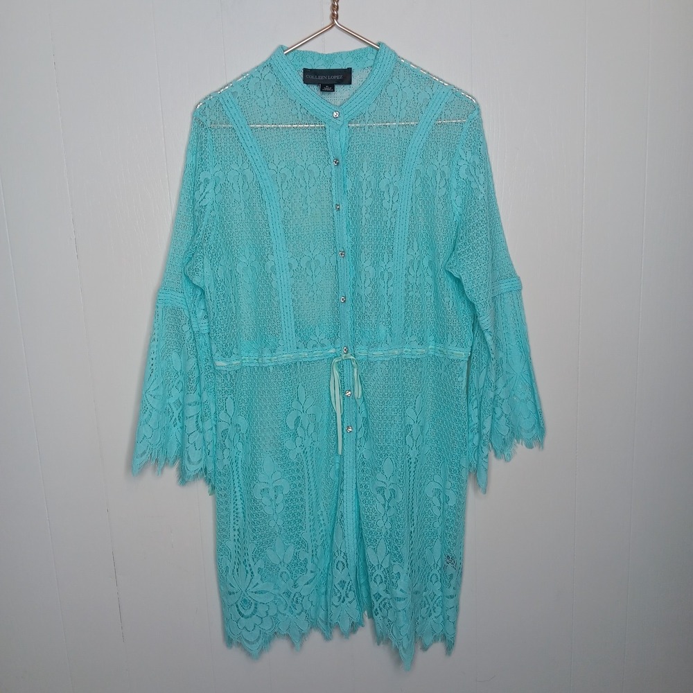 Colleen Lopez A Bit of Romance Lace Topper Shirt Womens Size XL Aqua Bell Sleeve